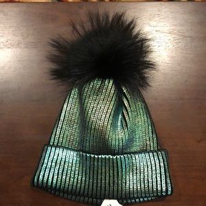 Adrienne Landau green hat with real fox fur